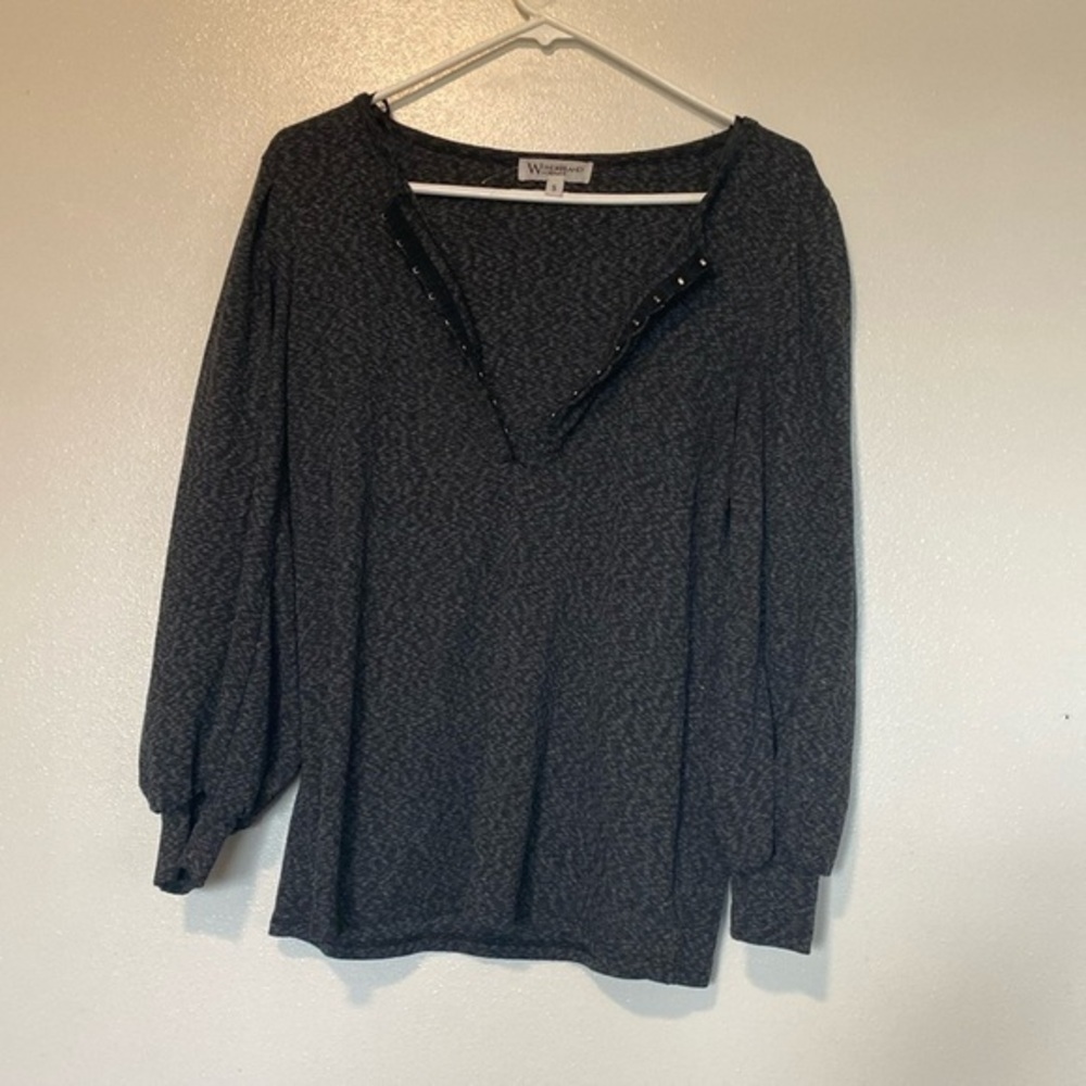 Wonderland By Orange puff sleeve mid eye hook  black gray ribbed shirt s…
